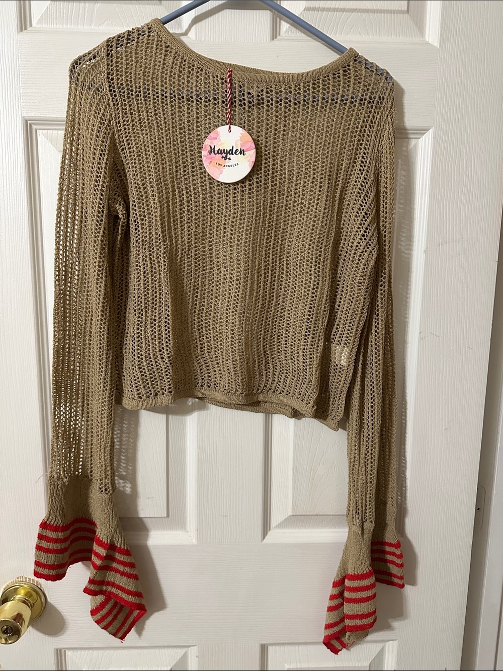 Hayden Tan Open-Knit Sweater with Red-Striped Bell Cuffs